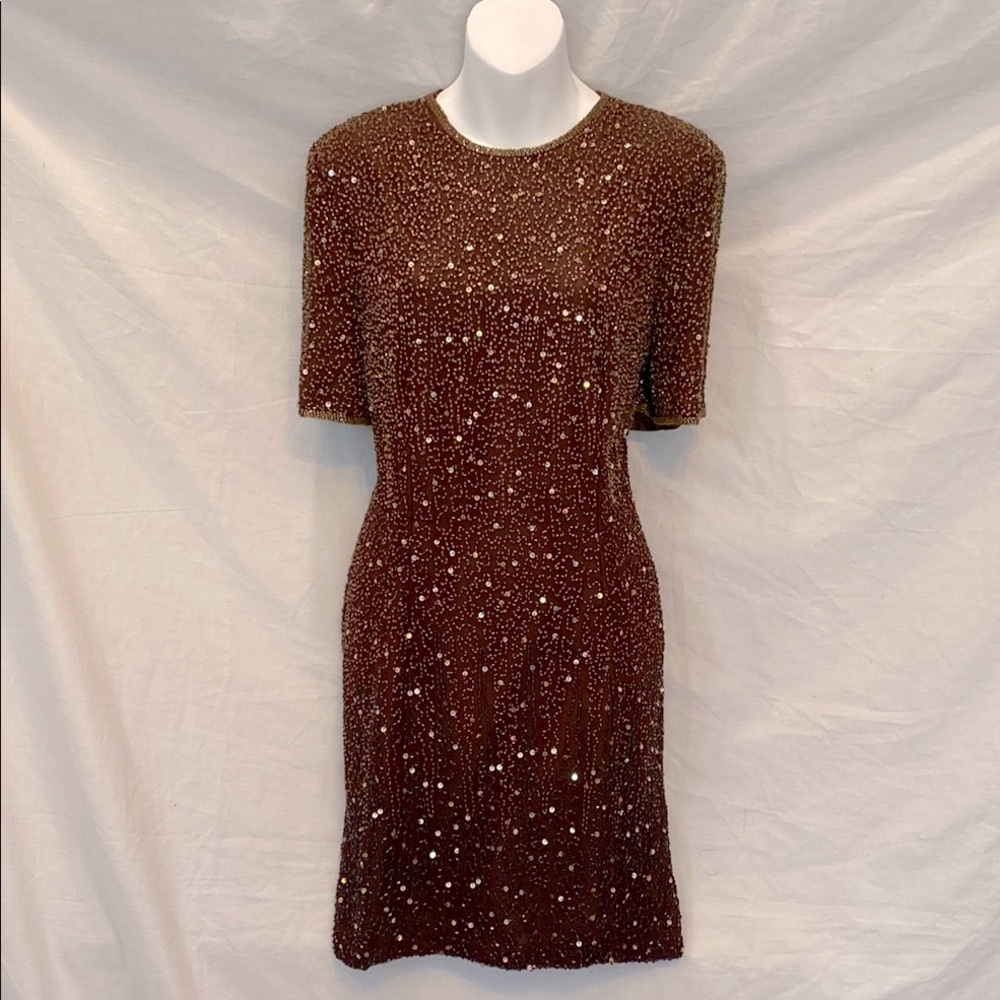 Elegant Brown Sequin and Beaded Stenay Dress, size: S. Ombre beating detail.